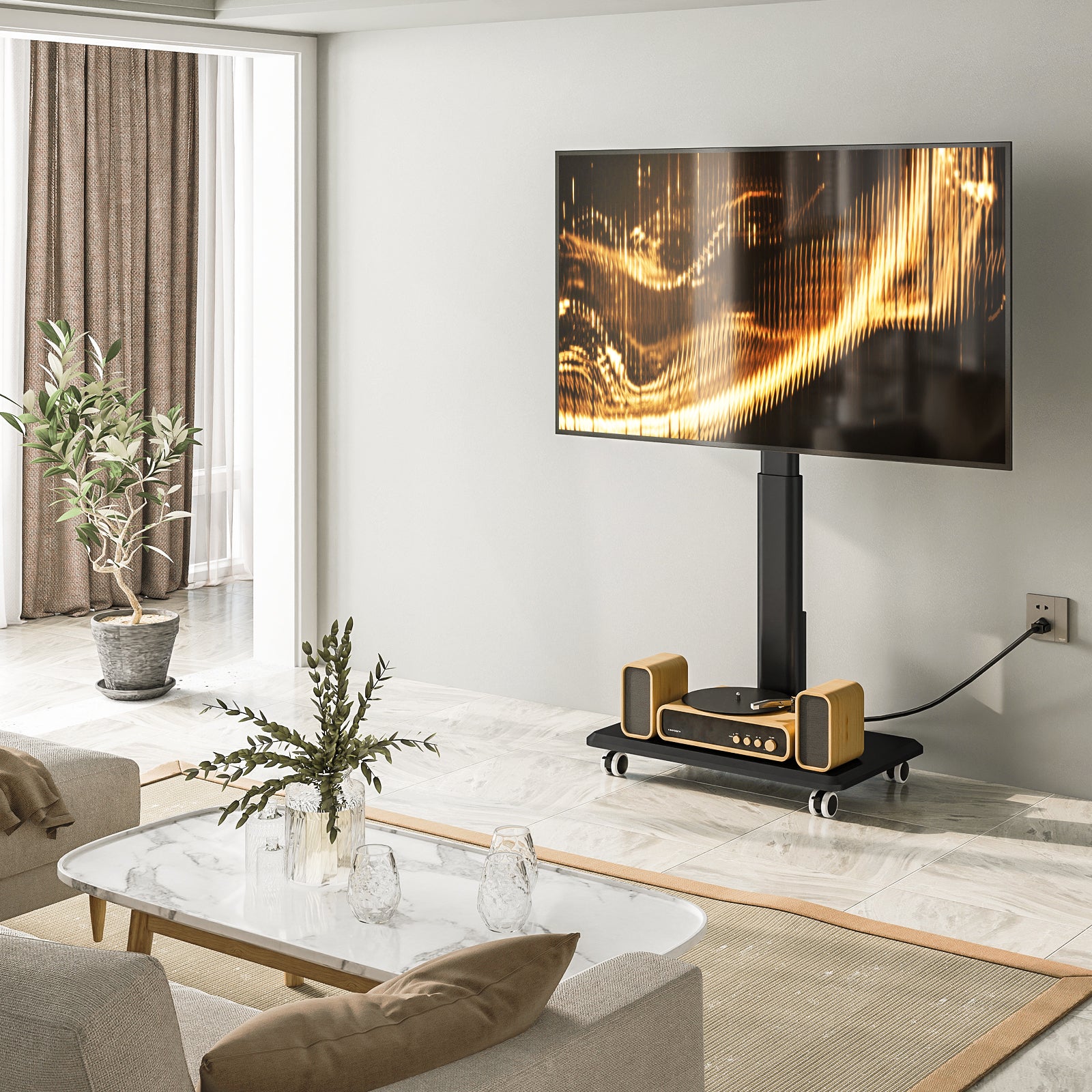 Rfiver Sleek Rolling TV Stand with Power Outlet for 32-70 Inch TVs